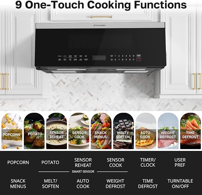 ThermoMate 30" Over the Range Low Profile Microwave Oven with Sensor Cooking, 1.2 Cu.Ft Slim, 1000 Cooking Watts, Voice Control, Multi-Stage Cooking, 400 CFM