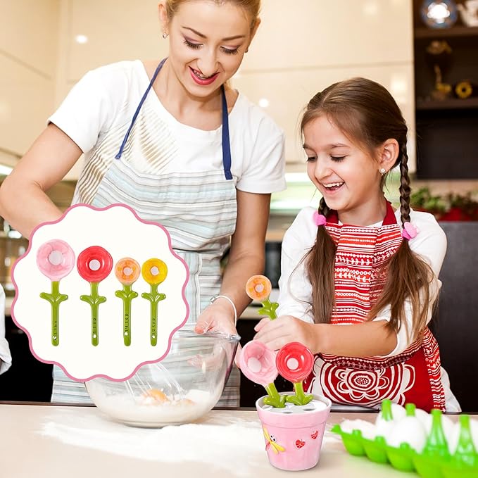 Flower Measuring Spoons Set in Pot - Ceramic Baking Measuring Spoons with Holder for Dry & Wet Ingredients - Cute Flower Figurine - 1 Tbsp, 1 Tsp, 1/2 Tsp, 1/4 Tsp - Unique Gift, Dishwasher Safe(Pink）
