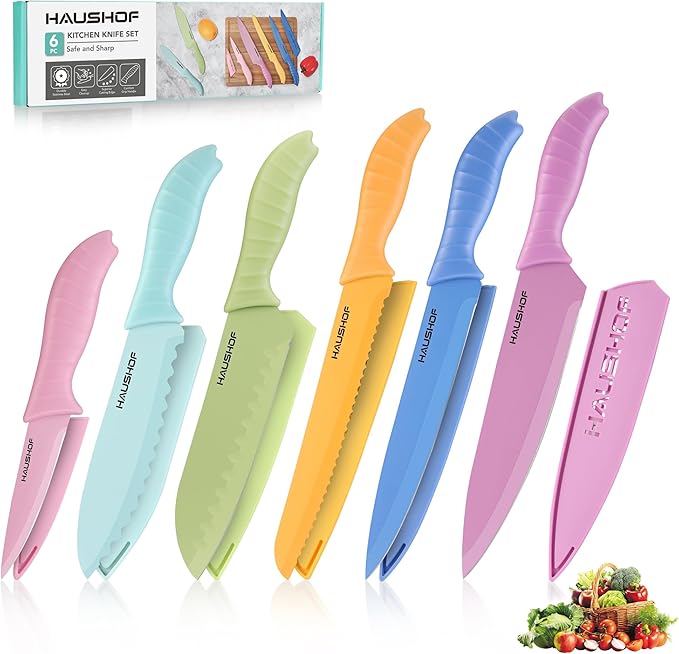 HAUSHOF Kitchen Knife Set, 12-Piece Colorful Knives Set with 6 Sheaths for Kitchen, Non-Stick Coated Stainless Steel Blades for Slicing, Dicing&Cutting, Gifts Knife Set for Dad, Mom, Husband and Wife
