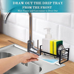 VANTEN Kitchen Sink Caddy Sponge Holder Organizer, Sink Tray Drainer Rack, Soap Dish Dispenser Brush Holder Storage Accessories - Countertop or Adhesive Wall Mount, Matte Black Stainless Steel