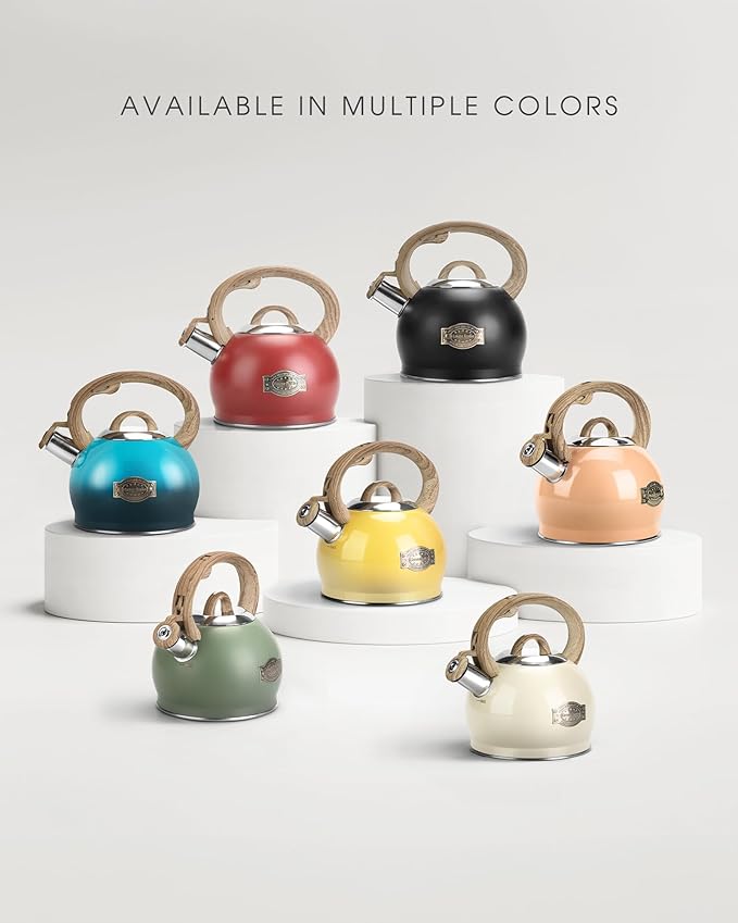 Hauce Radio Tea Kettle Stovetop, Black Tea Kettles-2.1 Quart Loud Whistle Stovetop Teapot,Food Grade Stainless Steel with Wood Pattern Handle, Unique Button Control Kettle Outlet for Tea, Coffee
