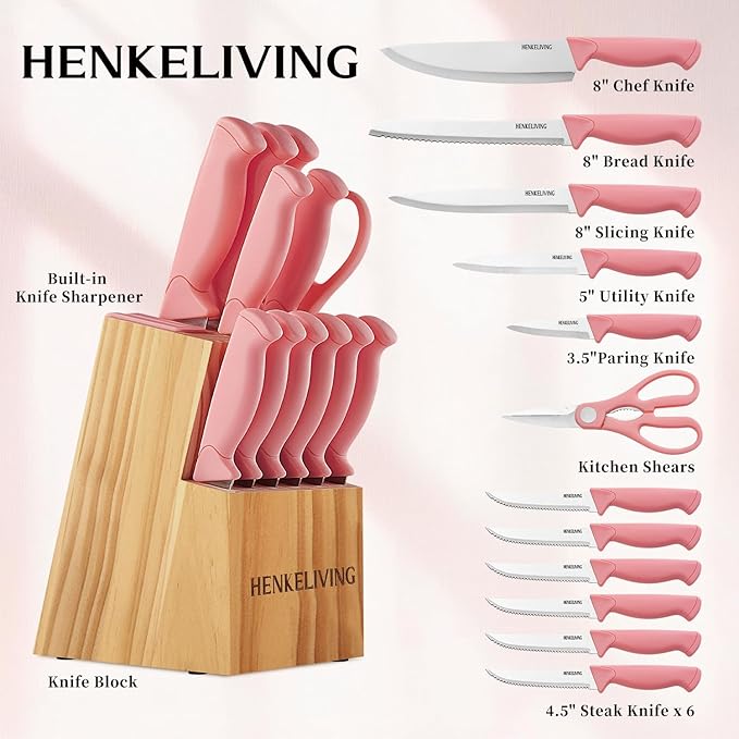 Knife Set, 14-Piece Kitchen Knives Set with Block, Built-in Sharpener, German High Carbon Stainless Steel, Ergonomic Non-Slip Handles, Peach Pink