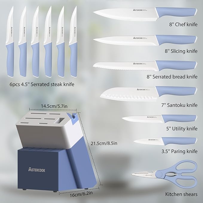 Astercook Kitchen Knife Set with Block and Sharpener 15 Piece German High Carbon Stainless Steel Knives Sharp Blade Dishwasher Safe Deba Knives with Ergonomic Handle, Delicate Blue