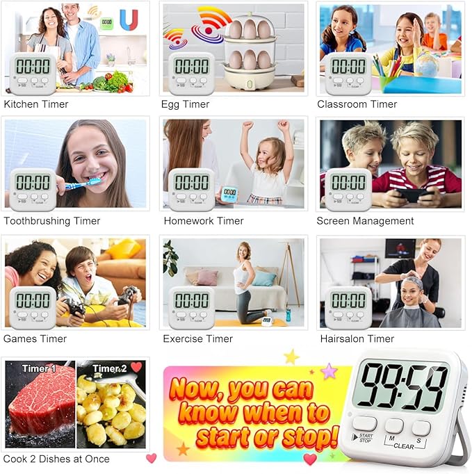 Antonki 2 Pack Digital Timer for Kids, Magnetic Countdown Kitchen Timers for Cooking, Egg, Classroom, Teacher, Exercise, Study, Oven - Battery Included