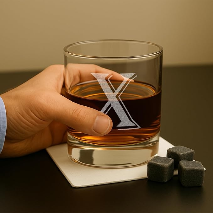 On The Rox (X-Monogram)- 4 Piece Set of 11 Ounce Engraved Heavy Base Rocks Glasses- Quality Elegant Glass-Multi-Purpose Beverage-Rocks Glass- For any Occasion