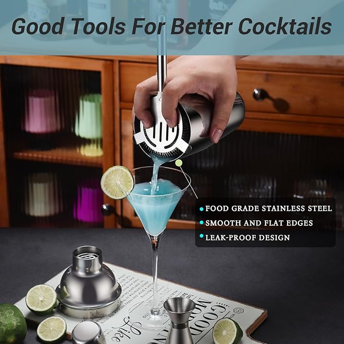 Cocktail Shaker Set Bartender Kit with Stand, 12 Piece Drink Mixer Set with Stainless Steel Bar Accessories Tools: 25oz Martini Shaker Jigger Strainer Spoon Muddler for Cocktails (Silver)