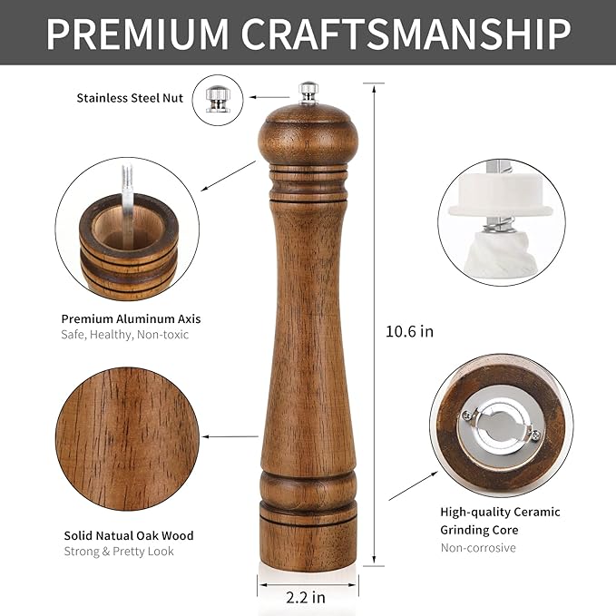 1Pack Wood Pepper Grinder, XWXO 10 Inch Salt Mill Pepper Shaker, Pepper Mill with Adjustable Ceramic Rotor - Oak Wood Pepper Grinder for Your Kitchen