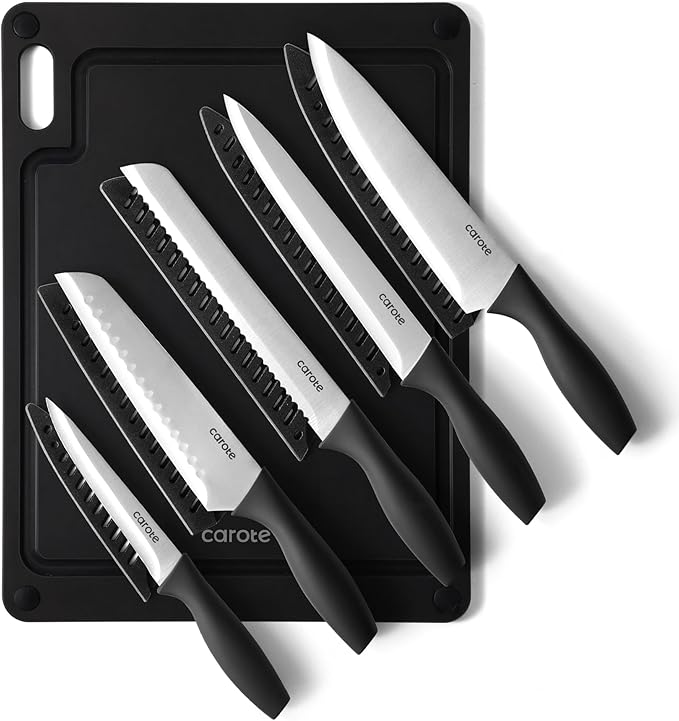 CAROTE Knife Set, 11 Pcs Kitchen Knives with 5 Blade Guards & Non-Slip Cutting Board, Rustproof Stainless Steel 5 Kitchen Knife Set, Plain Black