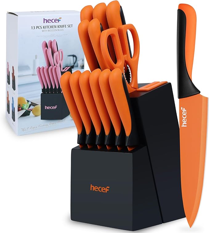 hecef 15 Pieces Kitchen Knife Set with Built-in Sharpening Wooden Block, Dishwasher Safe, High Carbon Stainless Steel Knife Block Set with Steak Knives, Kitchen Scissors (Orange)