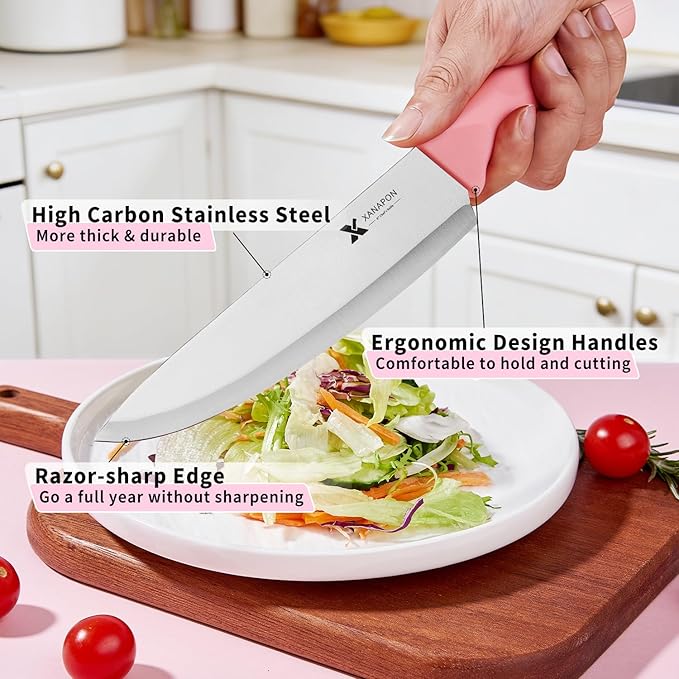 XANAPON 14-Piece Kitchen Knife Set with Block, High Carbon Stainless Steel Sharp Chef Knives with Built-in Sharpener, Ergonomic Handles, Professional Cutlery for Home Cooking & Gifts, Pink