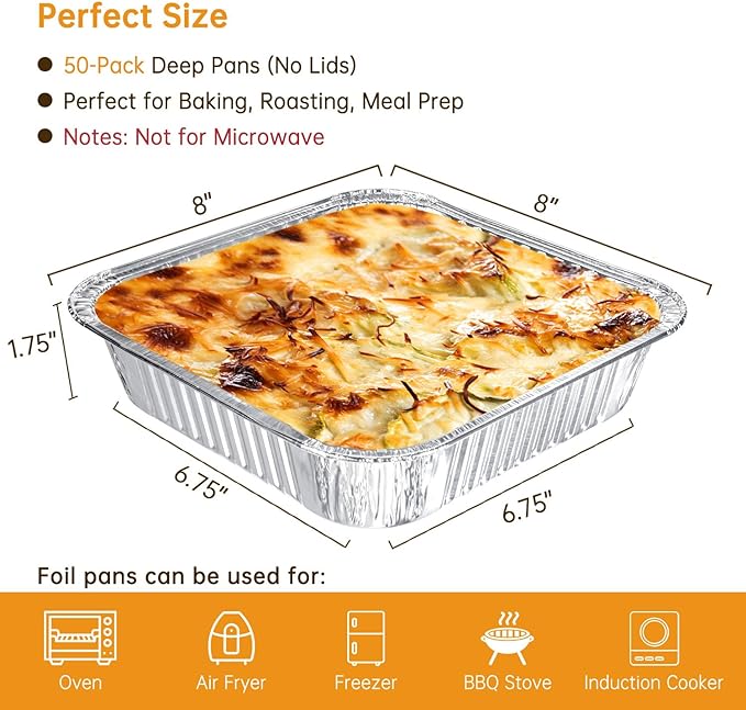 Aluminum Pans 8x8-50 Pack Disposable Baking Pans, 8 Inch Square Tin Foil Pans, Aluminum Roasting Trays for Holiday Cooking, Heating and Baking, Christmas, Parties Meal Prep & Storage
