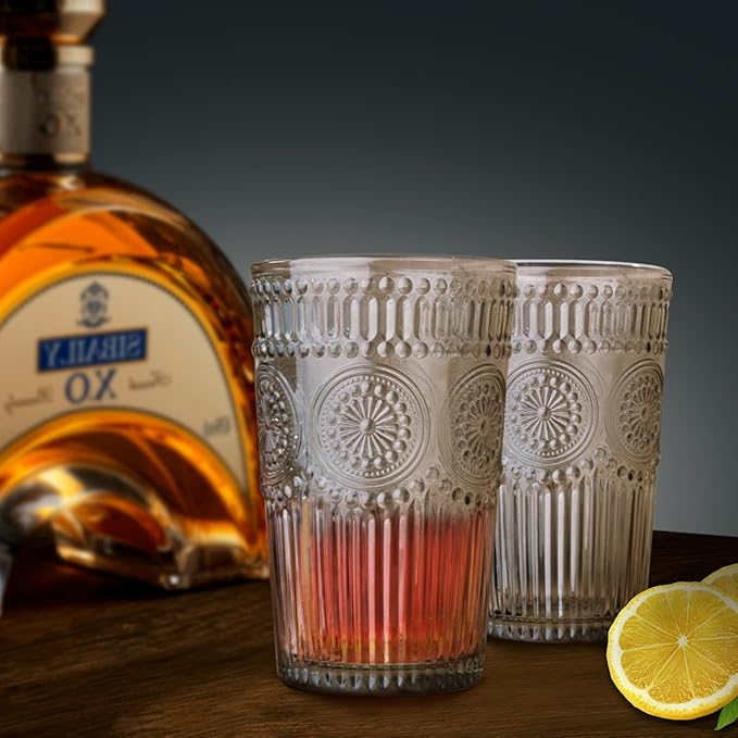Loivttvv 6pcs Vintage Drinking Glasses Set, 12 oz Tawny Highball Glasses, Embossed Ribbed Glassware Cups for Cocktail, Water, Juice, Coffee, Whiskey