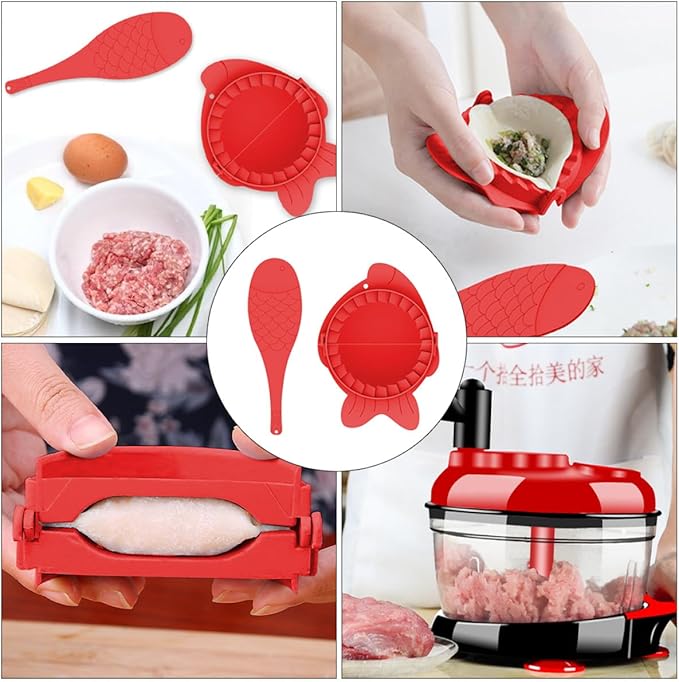 NUOBESTY Dumplings Maker Molds Set with Spoons 4pcs Red Dumpling Skin Wrappers Kitchen Gadget and Baking Tools Suitable for Home Cooking and Food Preparation