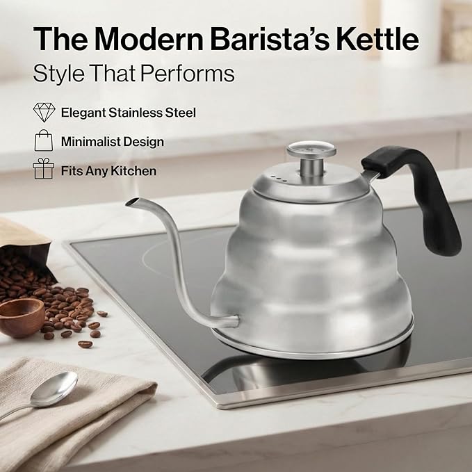 Barista Warrior Gooseneck Kettle with Thermometer - 1L Pour Over Coffee & Tea Kettle, 18/8 Stainless Steel Gooseneck Kettle Pot, Precision Pour Drip Spout, Suitable for All-Stoves (34 fl oz)