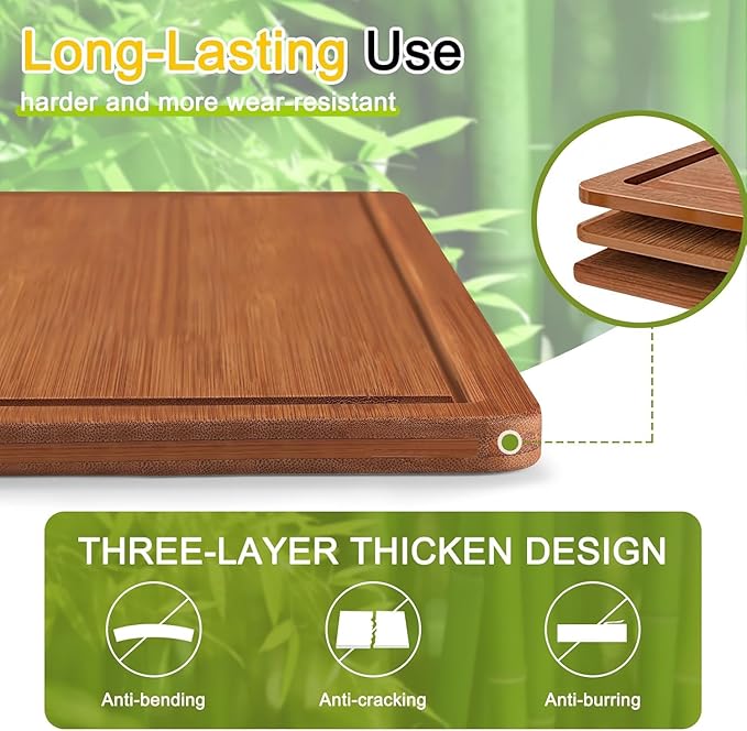 Bamboo Cutting Board for Kitchen, Wooden Cutting Board 3-Piece Set with Non-Slip Mat Deep Juice Groove, Wood Cutting Board for Meat Vegetables Fruit