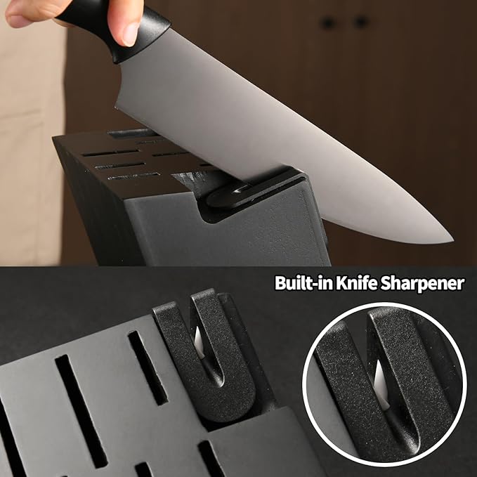 15-Piece Knife Set, High Carbon Stainless Steel Imported From Germany, Beveled Mercerized Blade, Black Titanium Stainless Steel Knives Block Set with Built-in Sharpener, Non-Slip Handles