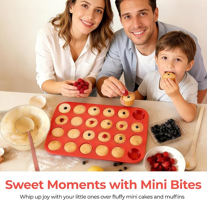 CAKETIME Silicone Muffin Pan Mini 24 Cups Cupcake Pan, Nonstick Food Grade Silicone Mold Baking Pan 1 Pack