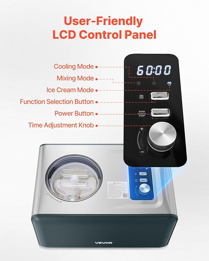 VEVOR Automatic Ice Cream Maker with Built-in Compressor, 1.5 Quart No Pre-freezing Gelato Maker, Electric Sorbet-Maker, 3 Modes Compressor Ice Cream Machine for Home Kitchen