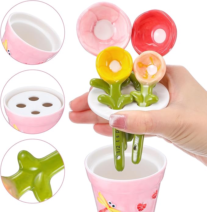 Flower Measuring Spoons Set in Pot - Ceramic Baking Measuring Spoons with Holder for Dry & Wet Ingredients - Cute Flower Figurine - 1 Tbsp, 1 Tsp, 1/2 Tsp, 1/4 Tsp - Unique Gift, Dishwasher Safe(Pink）