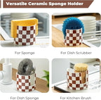 Checkered Sponge Holder for Kitchen Sink, Ceramic Dish Sponge Drying Caddy Scrubby Holder Kitchen Organizer Cute Dish Rack for Sink Counter, Brown and White
