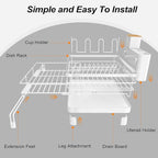 Runnatal Dish Drying Rack, Extendable Dish Rack Over Sink, Large Stainless Steel Dish Strainer with Drainboard, Utensil Holder & Cup Holder for Kitchen Counter, White
