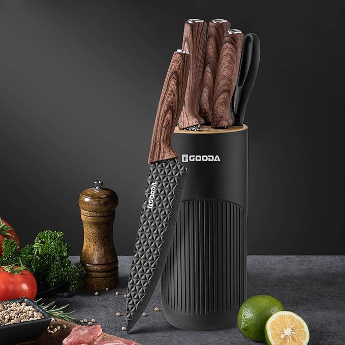 GOODA Kitchen Knife Set With Block,6-Piece Professional Chef Cooking Knives Set For Kitchen,Non-Stick Stainless Steel Knife Block Set