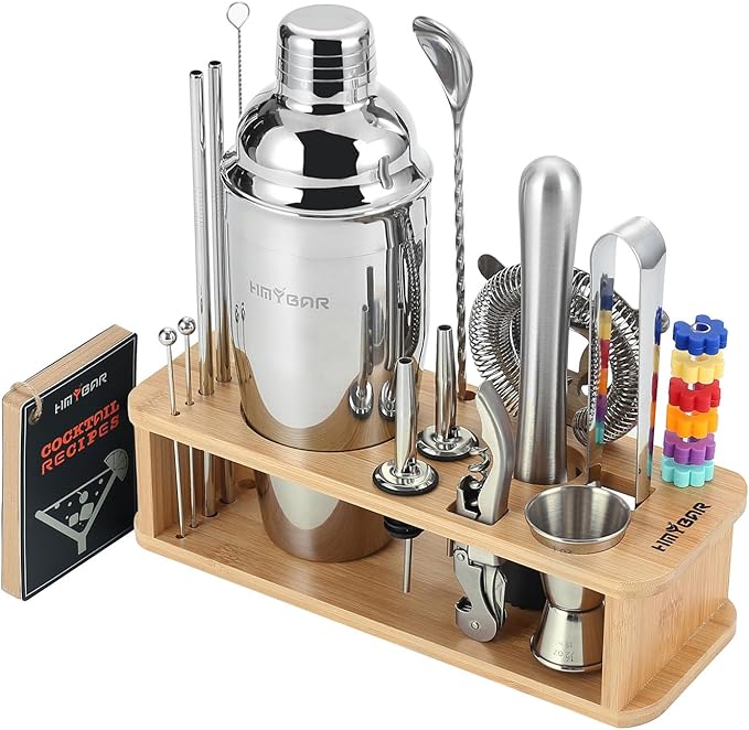 HMYBAR® 22-pc Cocktail Shaker Set(24oz/700ml) | Mixology Bartender Kit | Bar Tool Set | Martini Making Set with 39-Recipe Cocktail Cards & Kit's Deco, Bamboo Stand Natural Color, Silver Tools