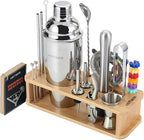 HMYBAR® 22-pc Cocktail Shaker Set(24oz/700ml) | Mixology Bartender Kit | Bar Tool Set | Martini Making Set with 39-Recipe Cocktail Cards & Kit's Deco, Bamboo Stand Natural Color, Silver Tools