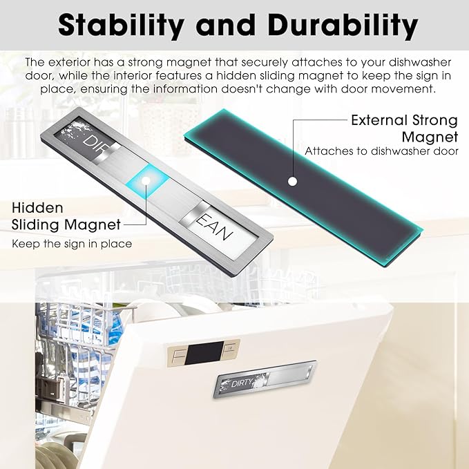Clean Dirty Magnet for Dishwasher, Premium Stainless Steel, Dirty/Clean Speckled Design, Durable Magnet & Clear Indicators with Extra Tape (Silvery-Gray-01)