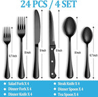 24 Pcs Black Silverware Set with Steak Knives, Stainless Steel Flatware Cutlery Set Service for 4, Kitchen Tableware Set, Utensil Set for Home and Restaurant, Knives Forks Spoon Set, Dishwasher Safe