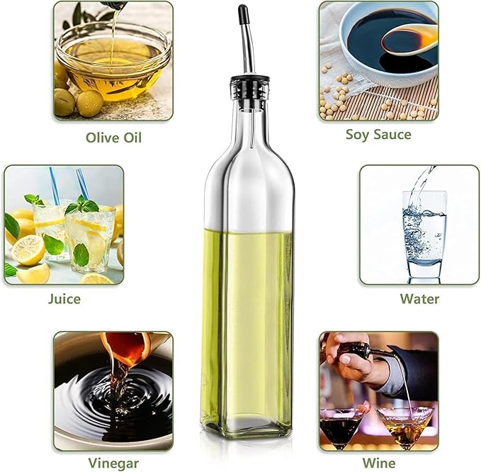 Leaflai Olive Oil Dispenser Bottle, 1 Pcs Glass Olive Oil Dispenser and Vinegar Dispenser Set with 2 Stainless Steel Pourers, 2 Labels,1 Brush and 1 Funnel Oil Bottles for Kitchen (500ml)
