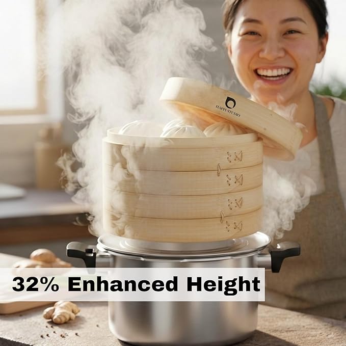 HAPPI STUDIO Bamboo Steamer Basket Set - 10 Inch Large Dumpling 2 Tier for Pots - Asian Cooking Dim Sum Bao Buns Momo Rice - Natural Chinese Steam Baskets Kit with Stainless Steel Ring (10-inch Extra Deep Bamboo Steamer w/ Ring)