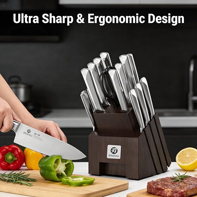 imarku Knife Set, 16 PCS High Carbon Japanese Stainless Steel Knife Sets for Kitchen with Block, Ultra Sharp Kitchen Knife Set with Sharpener Chef Knife Sets, Dishwasher Safe, Best Gifts