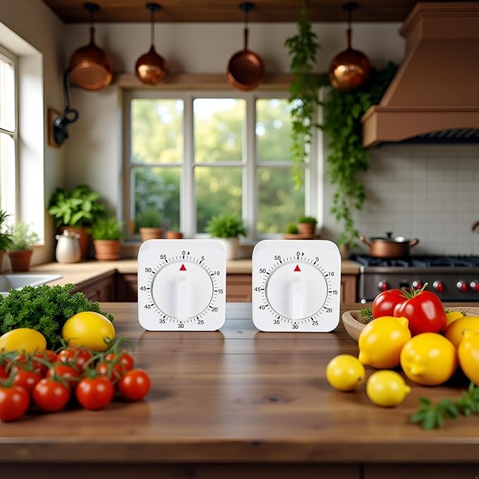 2Pcs White Timer Clock Square 60-Minute Mechanical Kitchen Timer Wind up Visual Cooking Clock with Loud Alarm No Batteries Required Ideal for Cooking Baking and Kitchen Thermometers and Timers