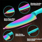 Marco Almond Kitchen Knife Set, KYA37 12-Piece Rainbow Titanium Stainless Steel Boxed Knives Set for Kitchen with Covers, 6 Knives with 6 Blade Guards