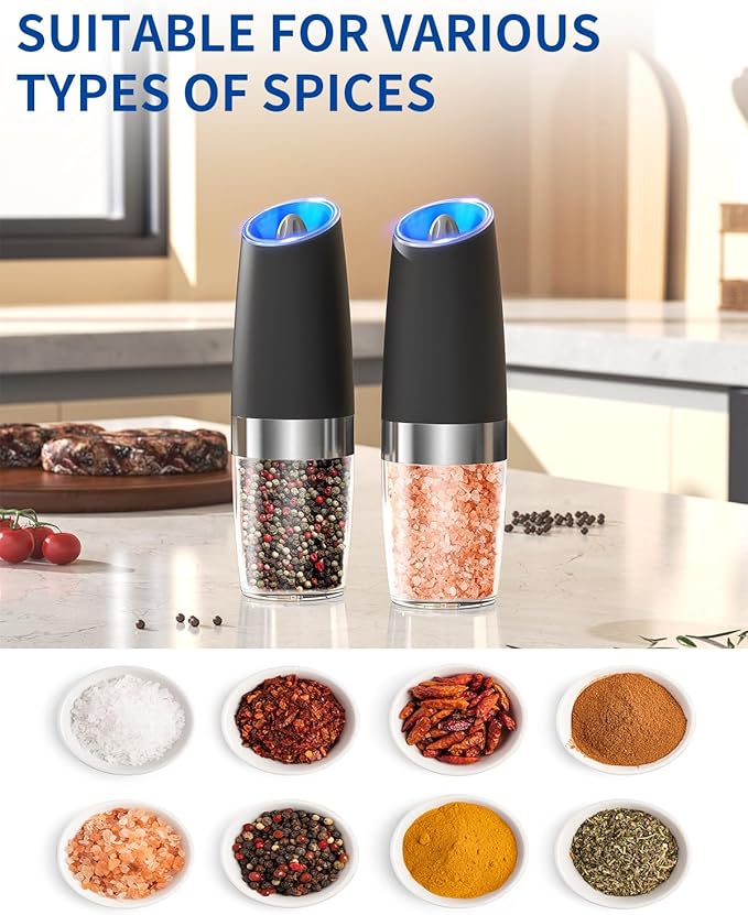CIRCLE JOY Gravity Electric Salt and Pepper Grinder Set Automatic Salt and Pepper Grinder Set with LED Light, Battery Operated, Adjustable Coarseness, Large Capacity, for Home Kitchen BBQ, Black