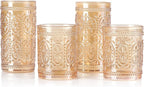 Amber Glassware Set of 4, Vintage Drinking Glasses, Colored Glassware Drinking, Highball Embossed Beverage Glasses Cup for Water, Juice, Cocktail, Coffee (2pcs12oz+2pcs10oz）