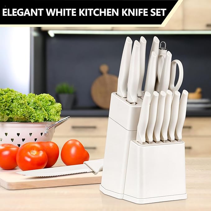 E-far Knife Set with Block, 15 Pieces Kitchen Knife Block Set with Sharpener, High Carbon Stainless Steel Sharp Chef Knife Set with Ergonomic Handles, Anti Rust, White