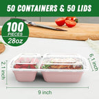 Dealusy 50 Pack (100-Piece) 28 oz Meal Prep Containers Reusable with Lids 2-Compartment, Sturdy Leakproof Food Safe, Microwave Freezer Dishwasher Safe, To Go Take Out Plastic Food Storage, Pink