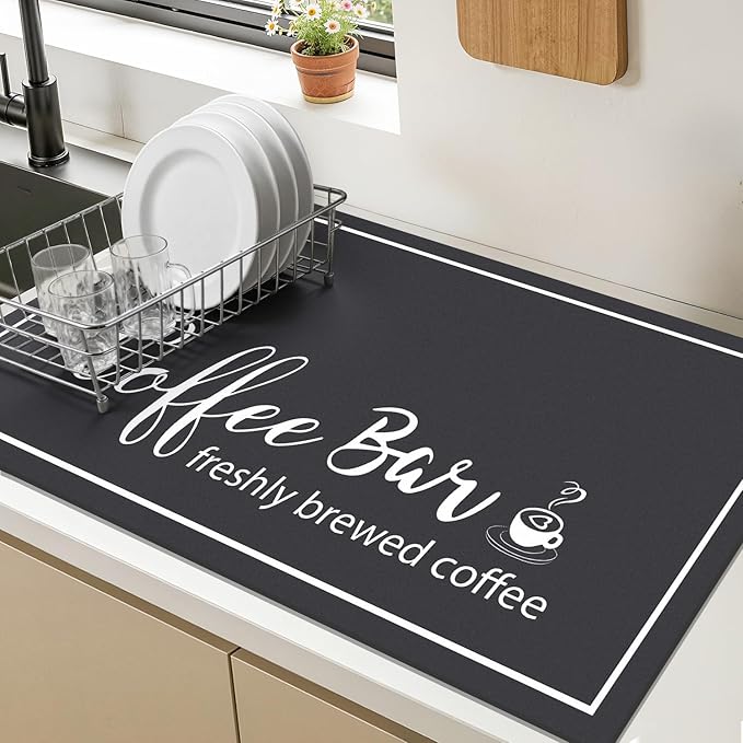 Findosom Dish Drying Mat, 18" x 24" Super Absorbent & Hide Stain Coffee Mat, Cuttable Drying Mat for Kitchen Counter, Coffee Bar Accessories, Under Dish Rack, Coffee Maker, Espresso Machine, Black