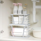 2 Pack Gray Trash Bag Organizer for Kitchen and Pantry, Upgraded Stackable Metal Garbage Bag Holder with Bamboo Top, Modern Under Sink Storage Dispenser for Laundry Room, Garage