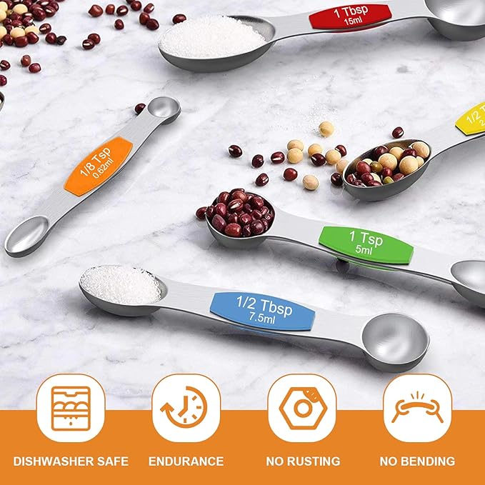 Magnetic Measuring Spoons Set - Wildone Stainless Steel Double Sided Measuring Spoons Set of 7, for Dry and Liquid Ingredients, including 6 Heavy Duty Nesting Spoons, 1 Leveler, Fits in Spice Jar