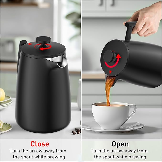 Secura 50oz French Press Coffee Maker – 304 Stainless Steel, Insulated Coffee Press with Extra Filter, Black