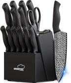 Knife Set, Amorston 15 Pieces Kitchen Knife Set with Built in Knife Sharpener, High Carbon German Stainless Steel Knife Block Set, Black Dishwasher Safe Knives Set, Valentine's Gift