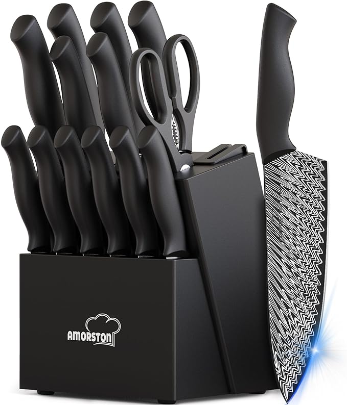 Knife Set, Amorston 15 Pieces Kitchen Knife Set with Built in Knife Sharpener, High Carbon German Stainless Steel Knife Block Set, Black Dishwasher Safe Knives Set, Valentine's Gift