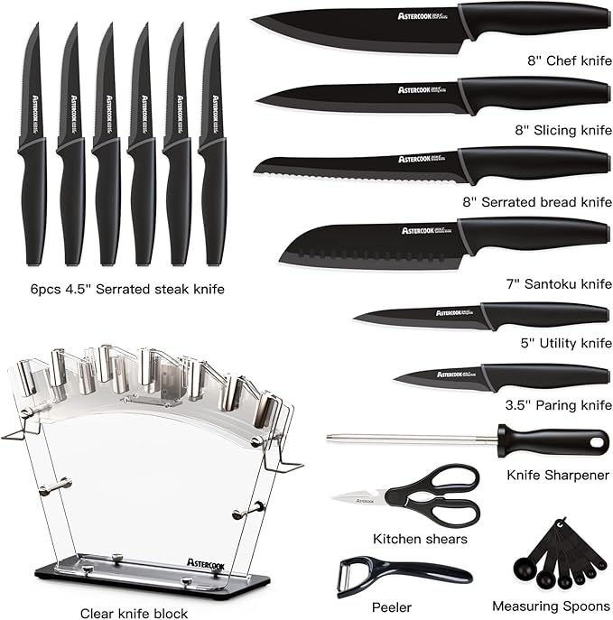 Astercook Knife Set with Block and Sharpener, 22 Piece Kitchen Knife Set Dishwasher Safe, Space-Saving Clear Knife Block with Knives for Everyday Home Cooking Black