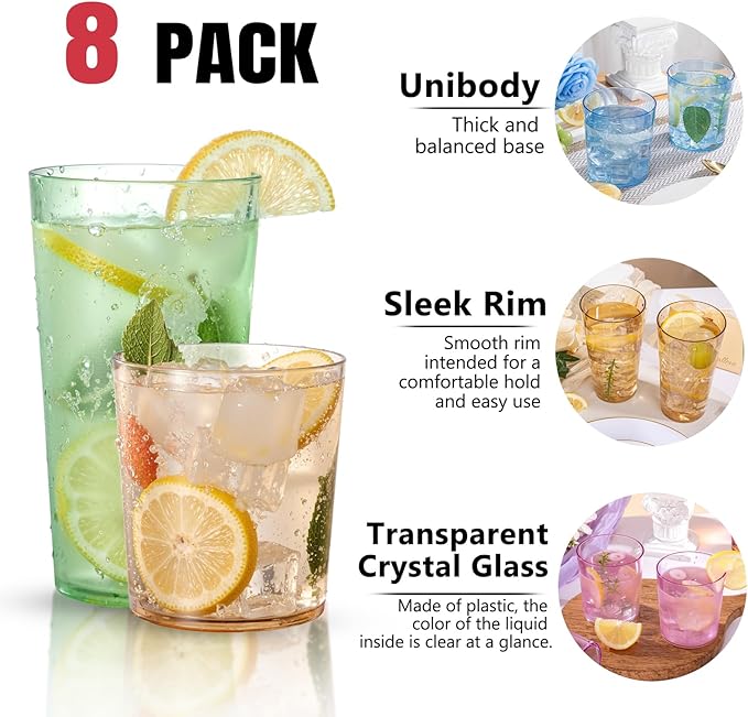 Liacere Colorful Drinking Glasses Set of 8-17oz Highball Plastic Glasses&14oz Cocktail Plastic Glasses Set, Kitchen Water Glasses Cup, Bar Tumbler Glassware Set for Beer,Juice,Cocktail,Whiskey,Milk