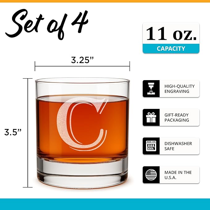 On The Rox (C-Monogram) - 4 Piece Set of 11 Ounce Engraved Heavy Base Rocks Glasses Elegant Glass-Multi-Purpose Beverage-Rocks Glass- Gift for any Occasion Drinks