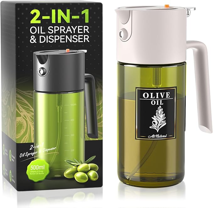 2-IN-1 500ml/17oz Light-Blocking Dark Oil Sprayer for Cooking W/ Stickers, Dark Green Glass Olive Oil Dispenser Bottle for Kitchen, Even Spray with Portion Control, Perfect for Air Fryer, BBQ-White