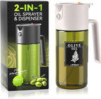2-IN-1 500ml/17oz Light-Blocking Dark Oil Sprayer for Cooking W/ Stickers, Dark Green Glass Olive Oil Dispenser Bottle for Kitchen, Even Spray with Portion Control, Perfect for Air Fryer, BBQ-White